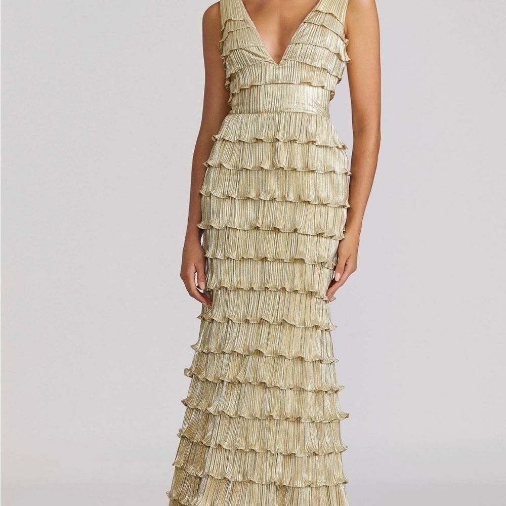 Stunning Zac Posen Deep V-Neck Metallic Ruffle-Tiered Gown